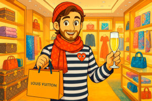 Shopper holding a Louis Vuitton bag and champagne flute inside a luxury Paris flagship boutique