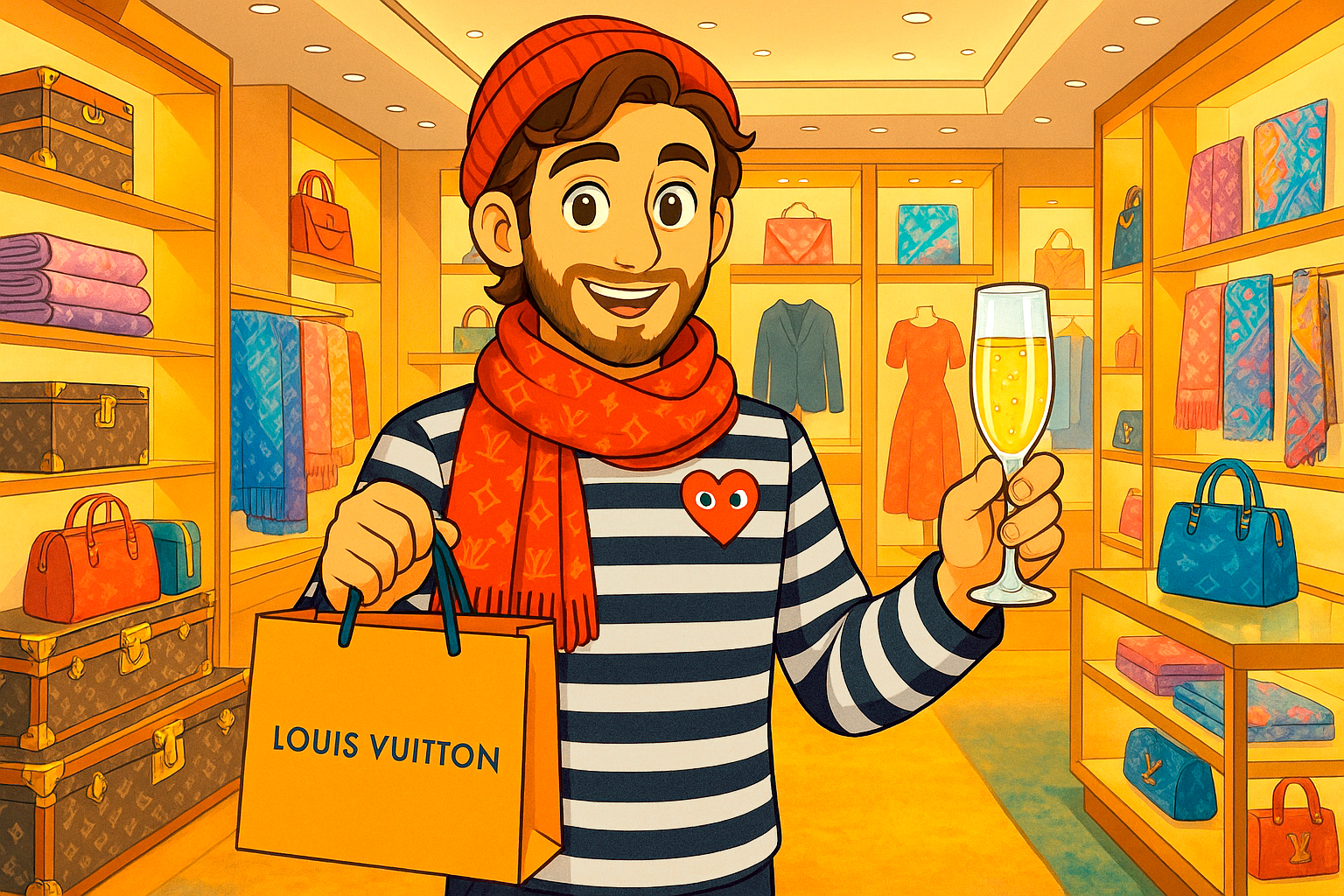 Shopper holding a Louis Vuitton bag and champagne flute inside a luxury Paris flagship boutique