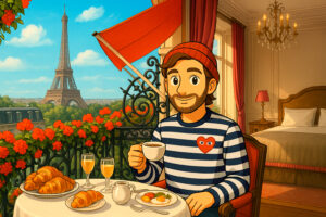 Elegant breakfast on a Paris 5-star hotel balcony overlooking the Eiffel Tower