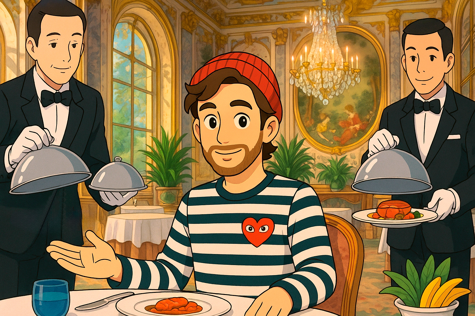 Gourmet dish being served by a waiter in a Michelin-starred Paris restaurant