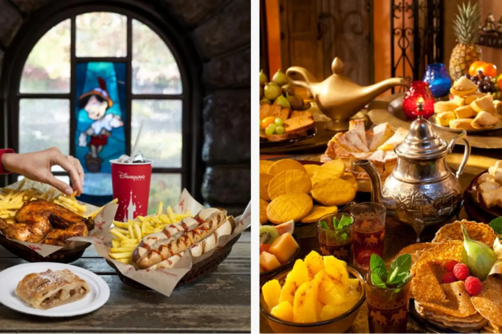A selection of Disneyland Paris dining options: quick-service meals with fries, hot dogs, and roast chicken at a themed eatery, alongside an elaborate table with Moroccan-style desserts and tea from an exotic restaurant.