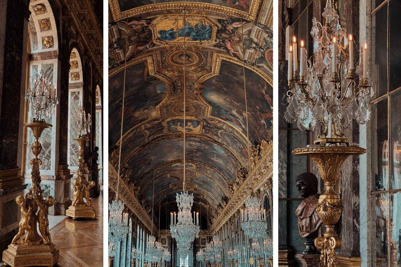 A stunning view of the Hall of Mirrors at the Palace of Versailles, showcasing its chandeliers, gold decor, and grand ceiling paintings.