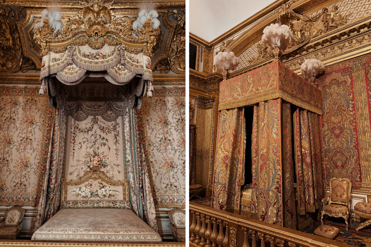 Ornate royal beds inside the King's and Queen's Apartments at the Palace of Versailles, decorated with intricate gold details and rich fabrics.