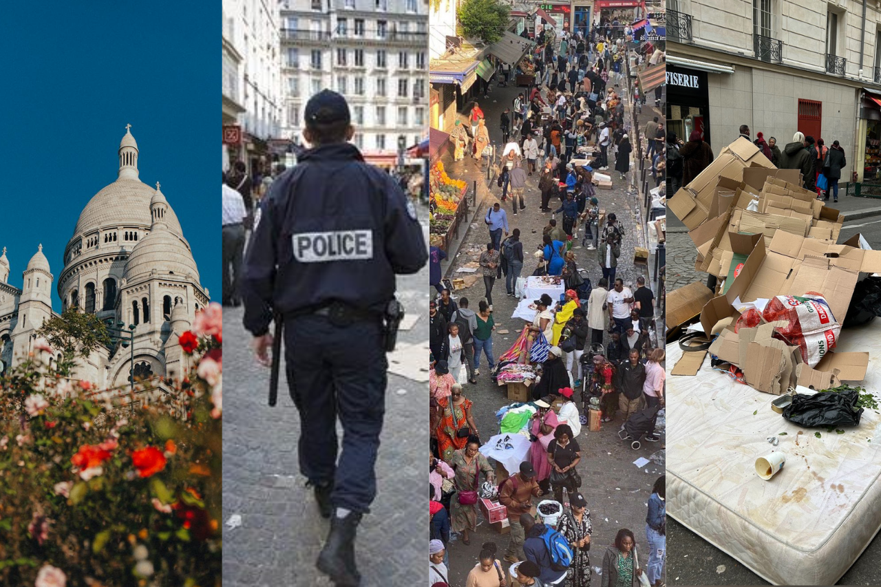 The least safe neighborhoods in Paris in 2025, including Montmartre, La Chapelle, Barbès, and Saint-Denis, with images of police, crowded markets, and urban decay.