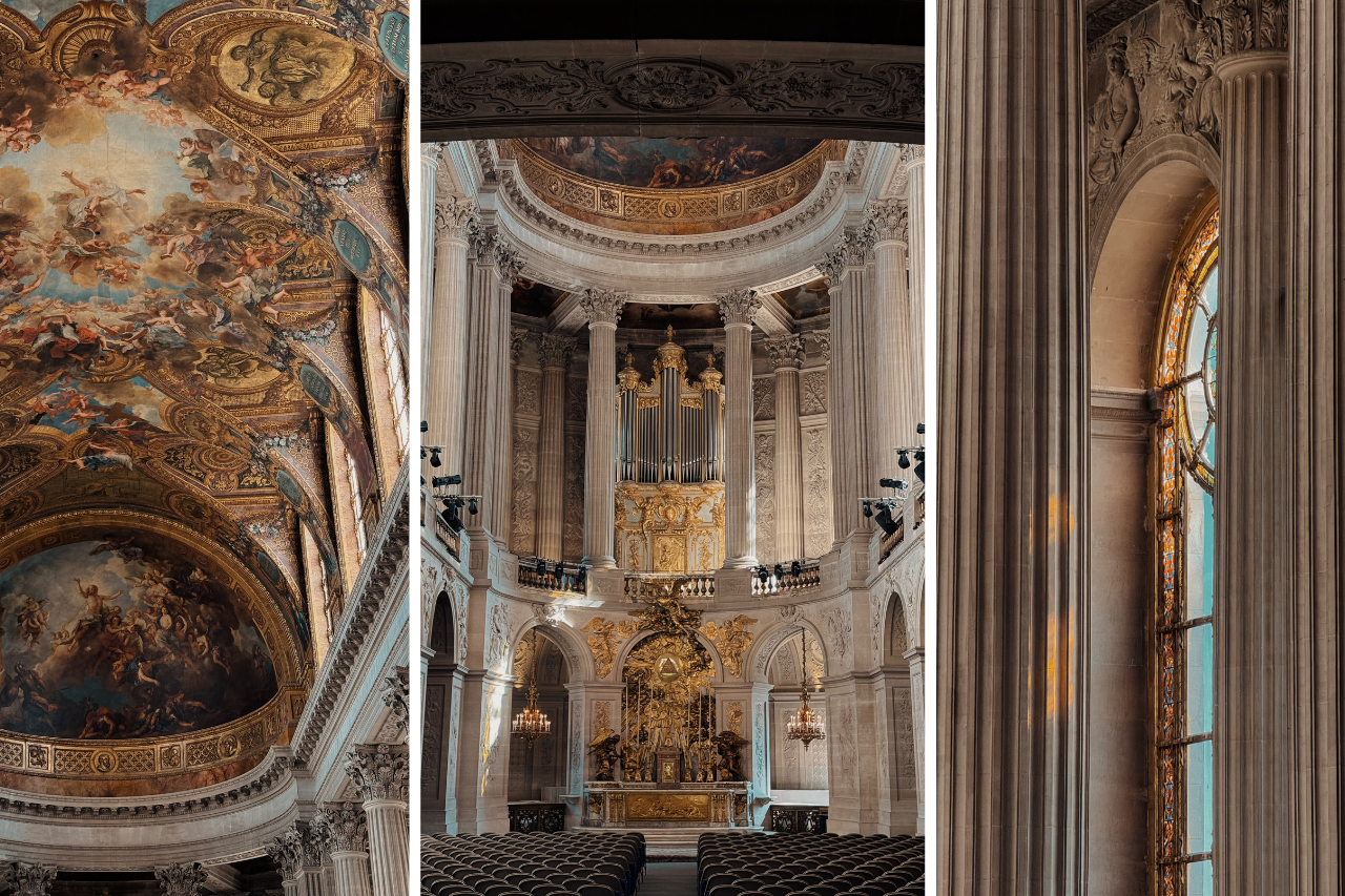 nterior of the Royal Chapel at the Palace of Versailles, showcasing grand Baroque architecture, intricate ceiling frescoes, and a majestic golden organ.