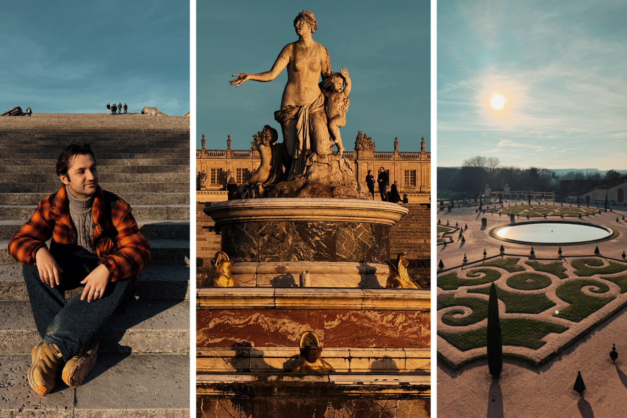 A scenic view of the gardens at the Palace of Versailles, featuring the Grand Staircase, Latona Fountain, and manicured parterres at golden hour.