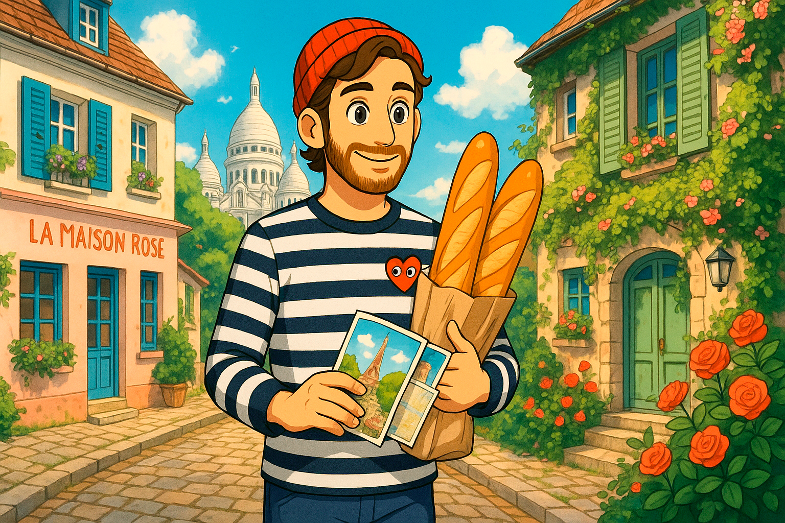 Traveler holding fresh baguettes and postcards in Montmartre with Sacré-Cœur and La Maison Rose in the background