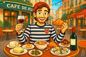 Traditional French dishes including escargots, foie gras, croissants, quiche, and onion soup – a colorful overview of what to eat in Paris.