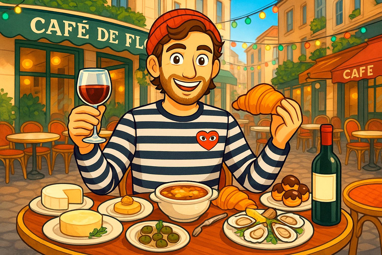 Traditional French dishes including escargots, foie gras, croissants, quiche, and onion soup – a colorful overview of what to eat in Paris.