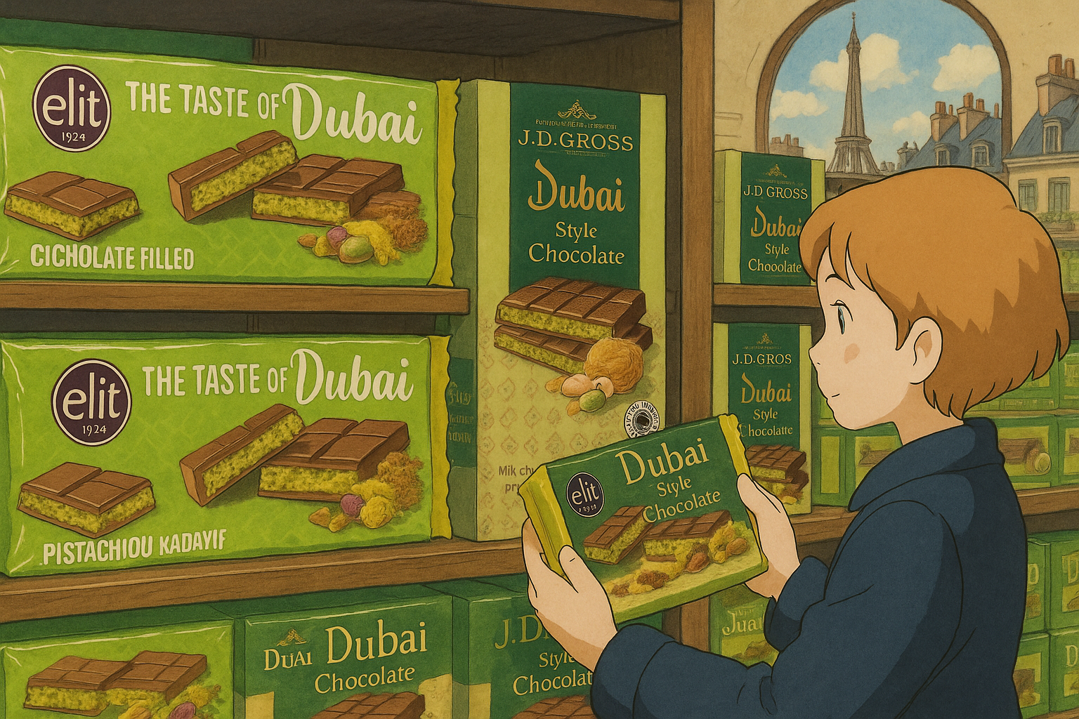 Selection of Dubai-style chocolate bars in Paris supermarkets – Carrefour, Lidl, E.Leclerc, Franprix, Auchan – with pistachio and kunafa fillings